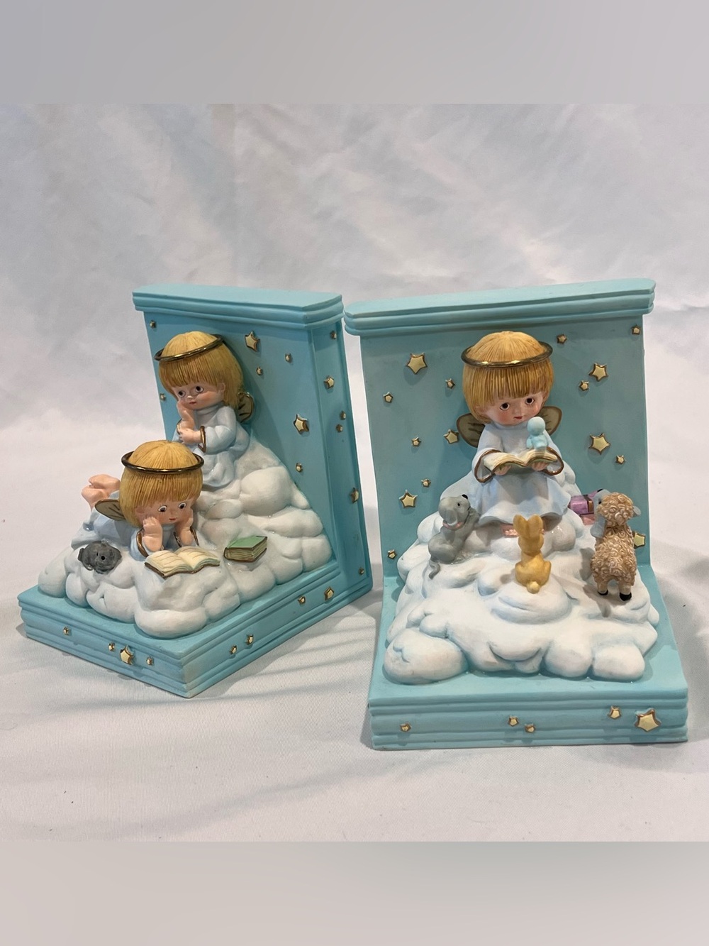Blue Porcelain Angel Bookends Pair Cherub Reading Animals Nursery Decor
